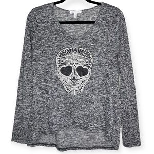 Aeropostale L Crochet Embroidered Skull Long Sleeve Top Heathered Gray High Low